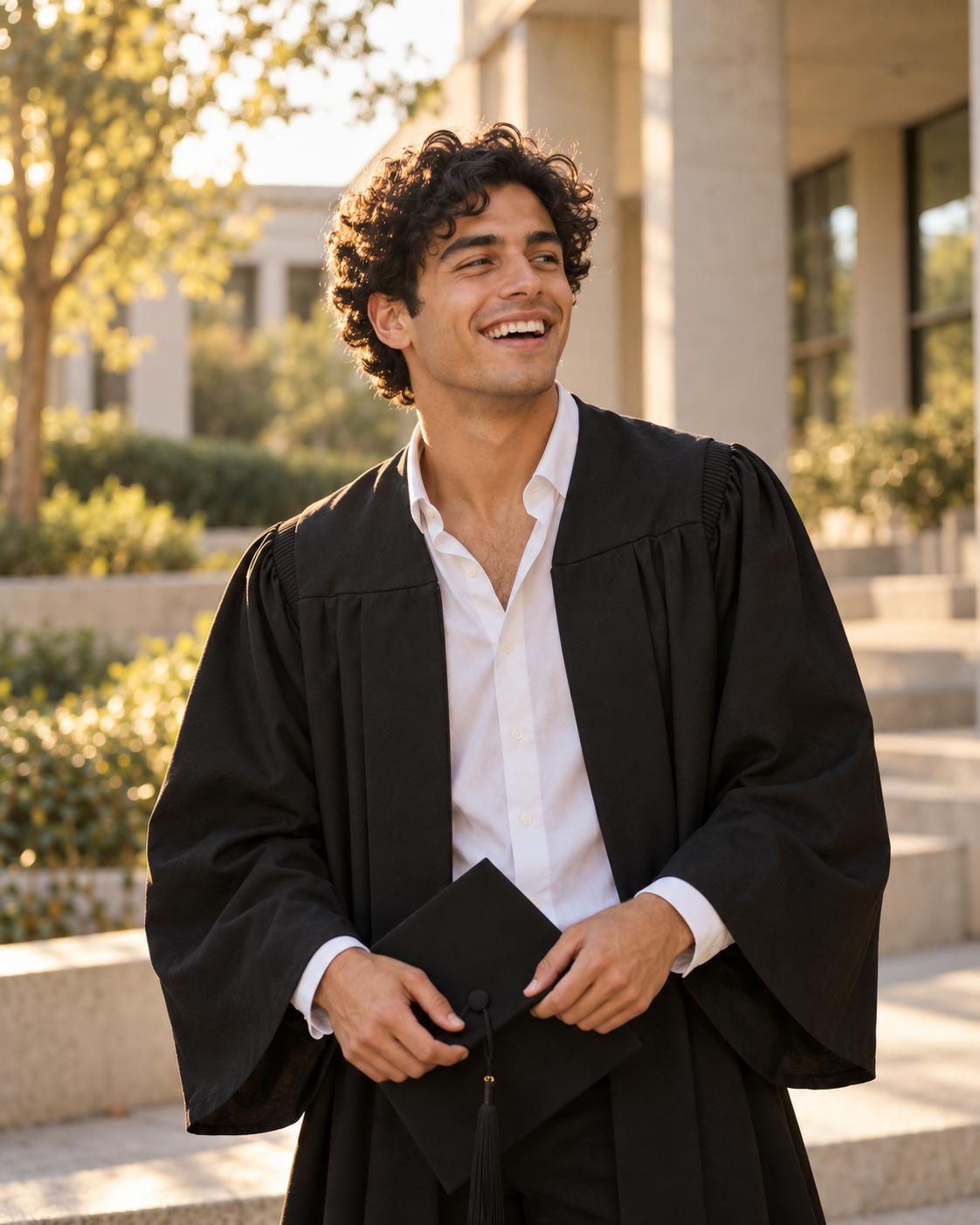 Alex ríe espontáneamente tras su graduación, con toga negra y birrete en las manos
