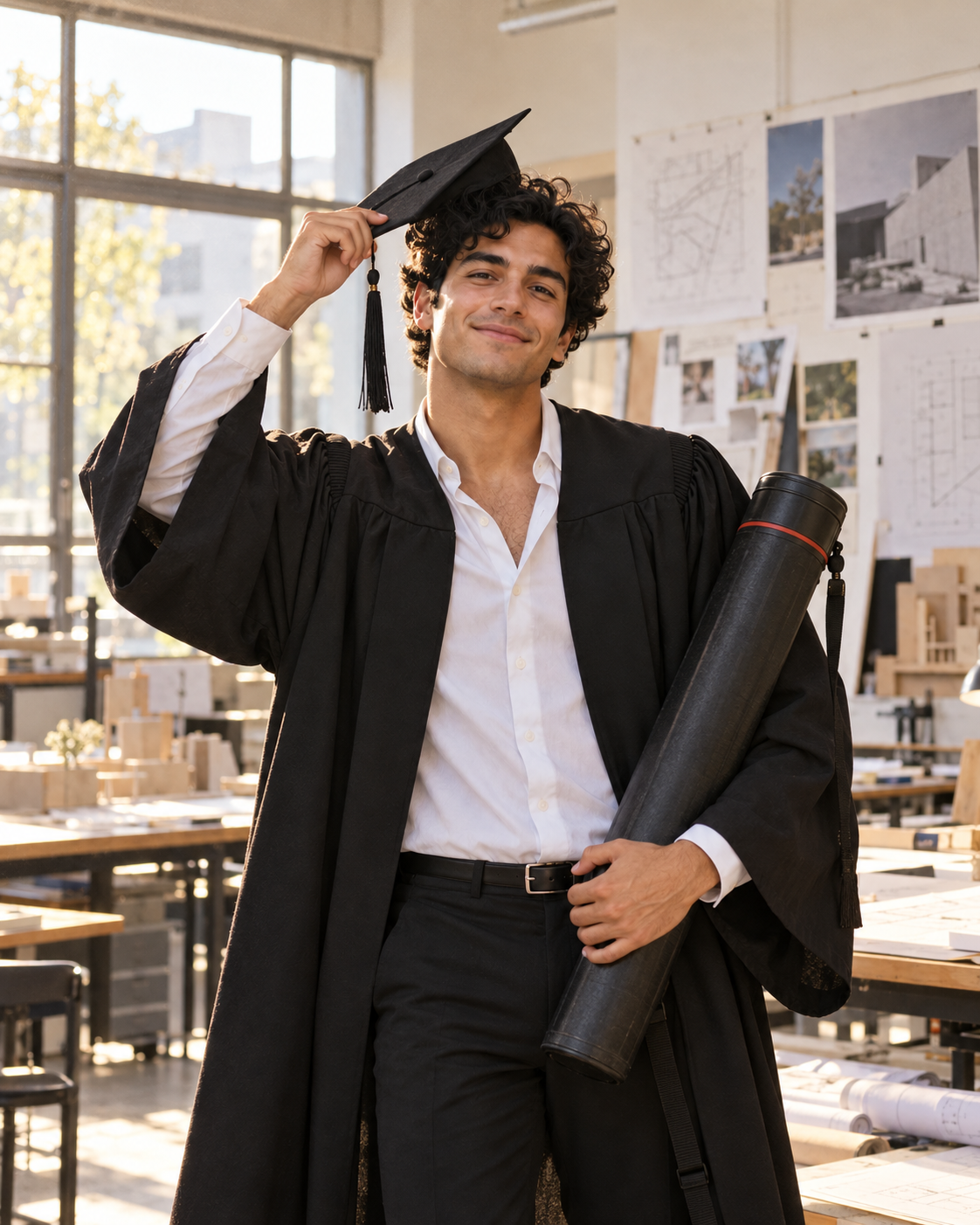 Alex sonríe con su birrete ladeado y un tubo de planos en el taller de Arquitectura