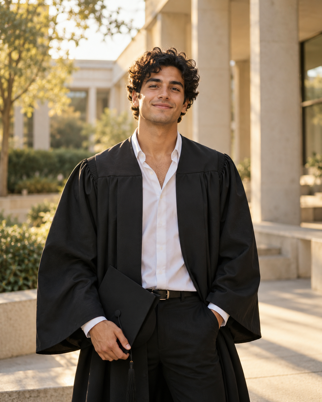 Retrato provisional de un joven graduado con toga negra, sonriendo frente a la arquitectura de una universidad