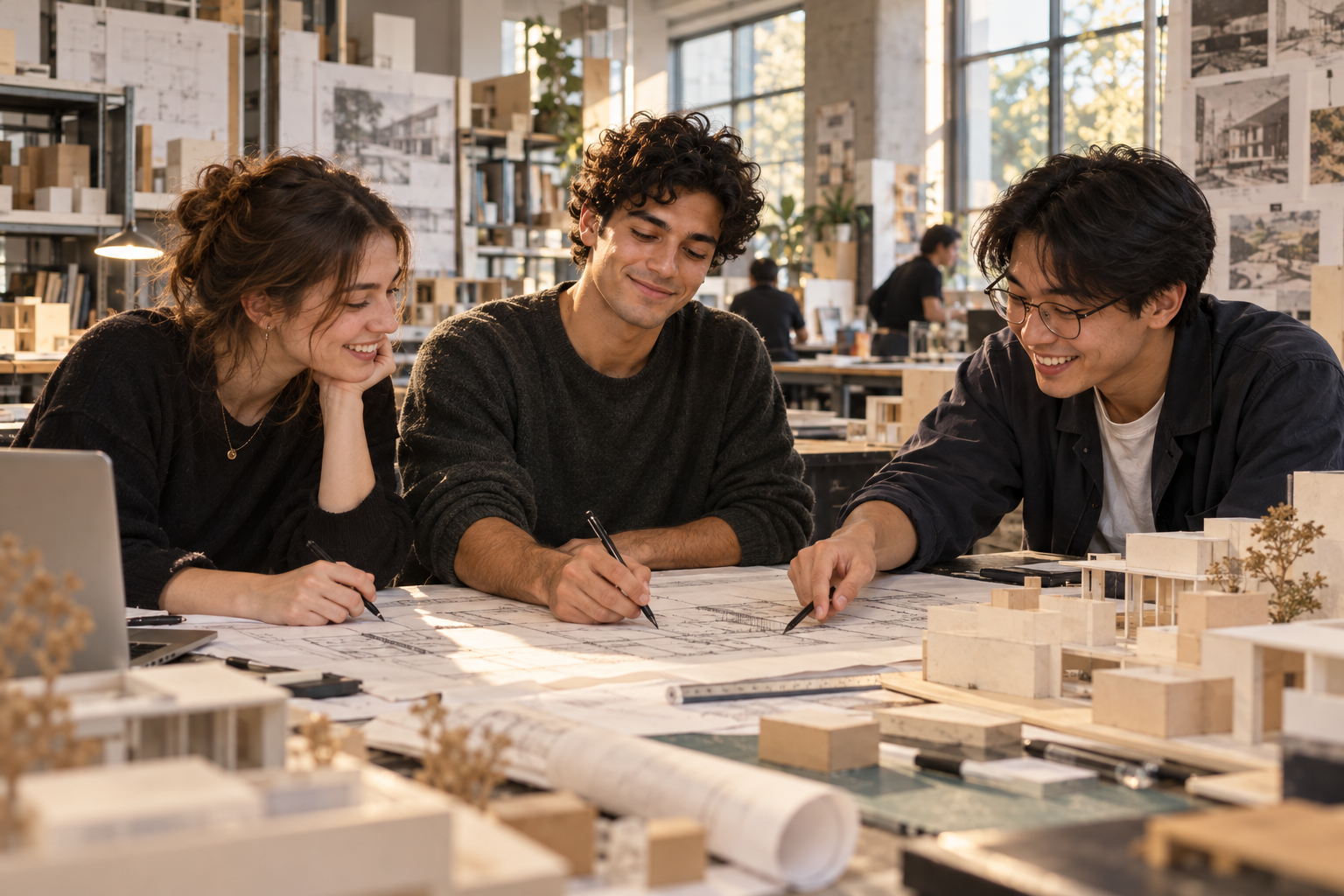 Alex y dos compañeros trabajan juntos en un proyecto de arquitectura.