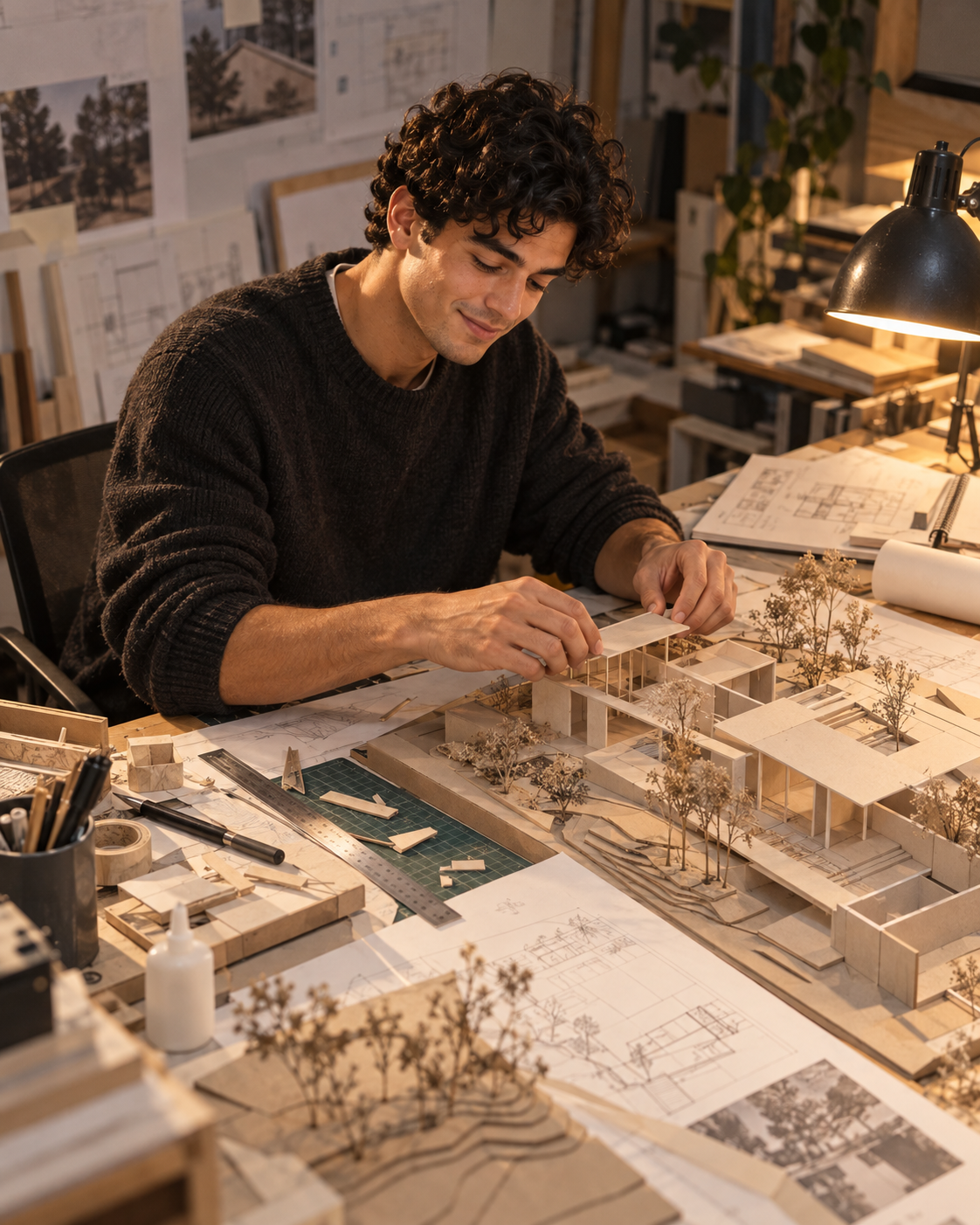 Alex construye una maqueta arquitectónica entre planos y materiales en una mesa de trabajo.